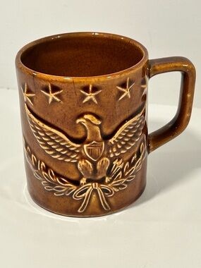 Vintage Made in Japan Eagle Mug Brown Drip Glaze Americana Patriotic Coffee Cup